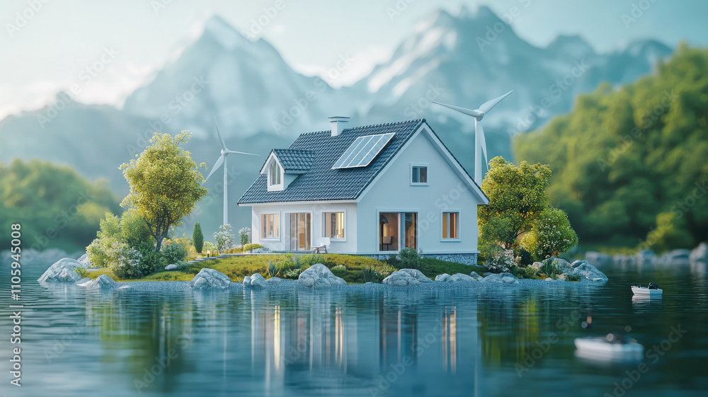 serene smart home surrounded by renewable energy sources, nestled on island with lush greenery and mountains in background. tranquil water reflects beauty of nature serene smart home surrounded by renewable energy sources, nestled on island with lush greenery and mountains in background. tranquil water reflects beauty of nature