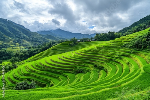 Landscape view of rice terraces in Asia, highlighting bio-ecological beauty and agricultural harmony.. Beautiful simple AI generated image