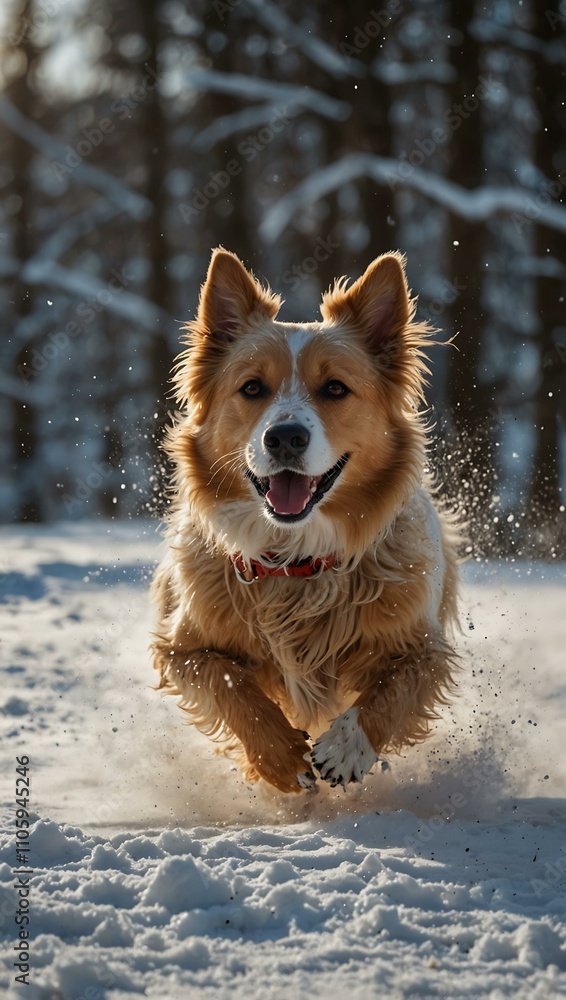 Dog in a winter coat running through snow. Dog in a winter coat running through snow.