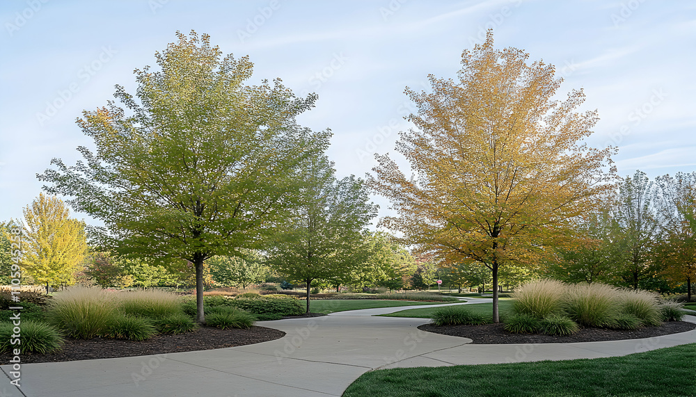 Serene autumnal park scene with winding pathways, showcasing vibrant green and golden foliage of trees. Landscaped with ornamental grasses. Serene autumnal park scene with winding pathways, showcasing vibrant green and golden foliage of trees. Landscaped with ornamental grasses.