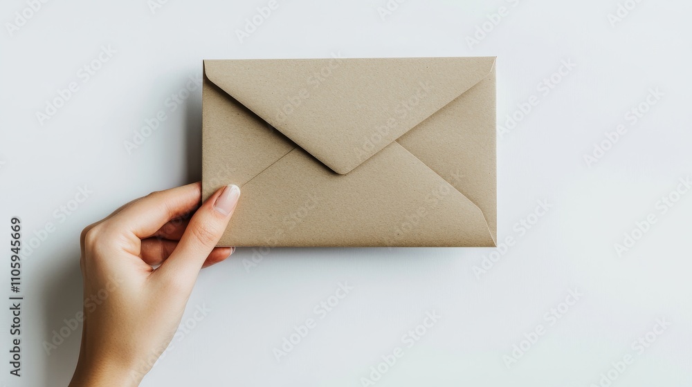 Delicate Hand Presenting Blank Envelope or Letter on Minimal Background Delicate Hand Presenting Blank Envelope or Letter on Minimal Background