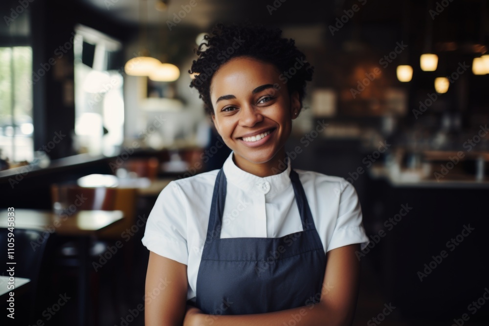 Smiling portrait of a young female waitress in cafe Smiling portrait of a young female waitress in cafe