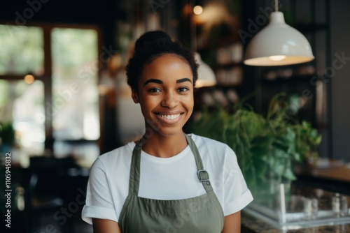 Smiling portrait of a young female waitress in cafe