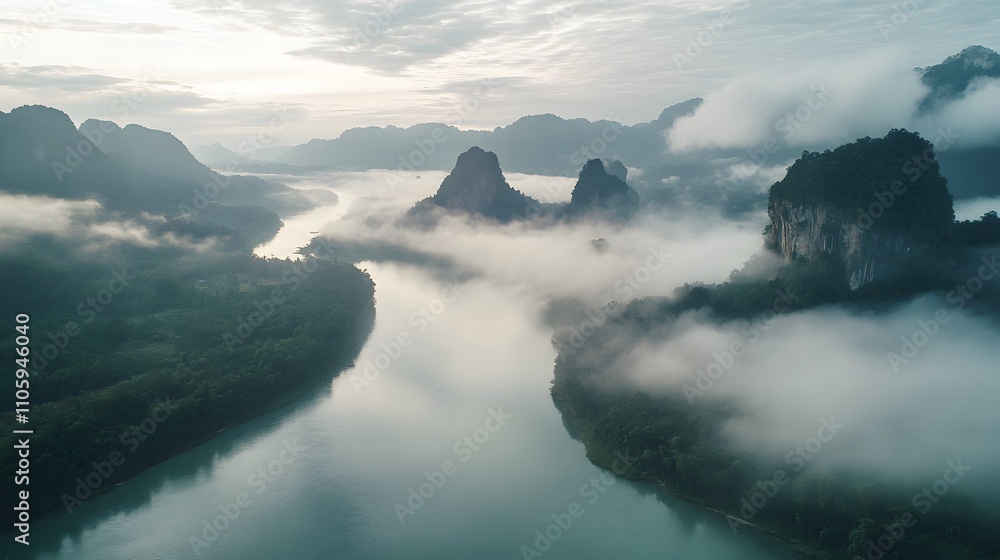 Obraz premium Misty River Valley Winding Through Karst Mountains