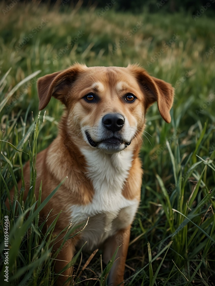 Dog resting in tall grass, looking at the camera. Dog resting in tall grass, looking at the camera.