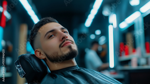 A confident man leaning back slightly in a barber chair, displaying a perfectly groomed hairstyle, with the contemporary barber shopâs illuminated workspace in the background photo