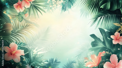 Tropical Floral Background With Pink Hibiscus and Palm Leaves