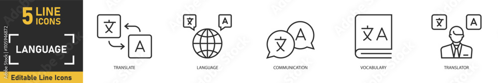 Language line icon set. Set of 5 outline icons related to translate, language, communication, vocabulary, translator and more. Vector illustration. Language line icon set. Set of 5 outline icons related to translate, language, communication, vocabulary, translator and more. Vector illustration.