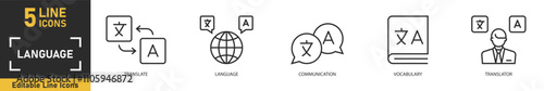 Language line icon set. Set of 5 outline icons related to translate, language, communication, vocabulary, translator and more. Vector illustration.