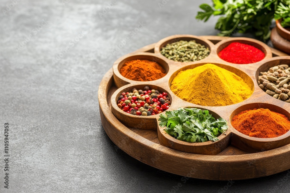 Vibrant Collection of Spices in Decorative Wooden Tray Vibrant Collection of Spices in Decorative Wooden Tray