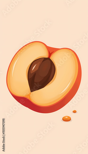 Colorful peach half with seed and juice drops on soft peach background