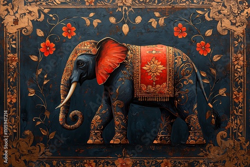 Ornate Elephant in Gold and Red Accents. photo