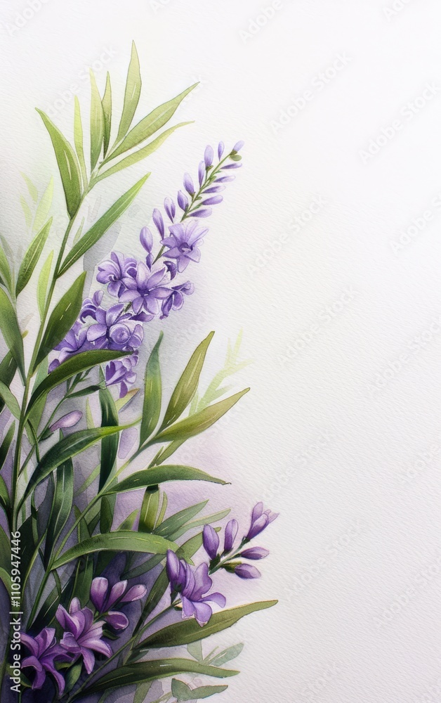 Fototapeta premium Elegant purple flowers with green foliage.