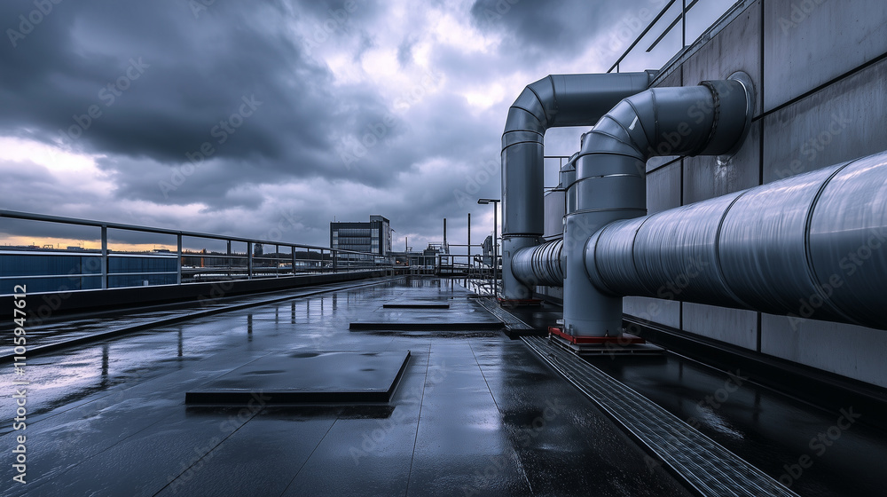 An industrial rooftop setting with a large HVAC unit, featuring a maze of pipes and ducts, surrounded by concrete and metal surfaces under an overcast sky An industrial rooftop setting with a large HVAC unit, featuring a maze of pipes and ducts, surrounded by concrete and metal surfaces under an overcast sky
