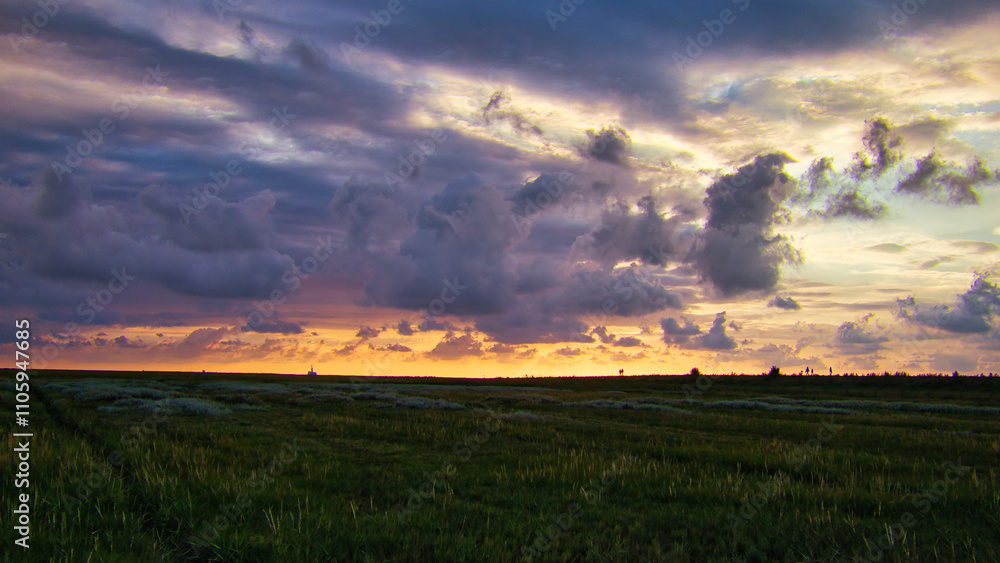 Fototapeta premium Nordesee - Deich - Wiese - Weide - Natur - Landschaft - Küste - Ebbe - Flut - Gezeiten - Landschaft - Hintergrund - Deutschland - Wattenmeer - Sonnenuntergang - Sunset