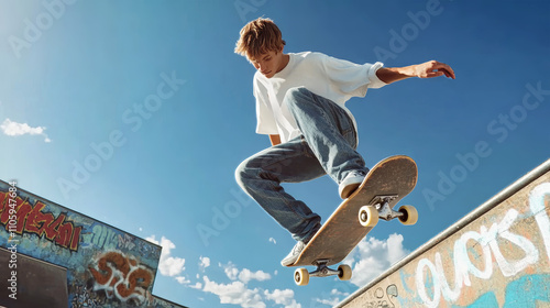 Fototapeta Naklejka Na Ścianę i Meble -  Skateboarder defies gravity with a stunning trick at a vibrant skate park under the clear blue sky
