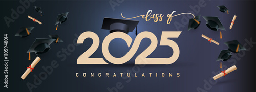 Class of 2025, word lettering script banner. Template Congrats Graduation lettering with academic cap. 2025 design party high school or college, banner, card, graduate invitations. Vector illustration