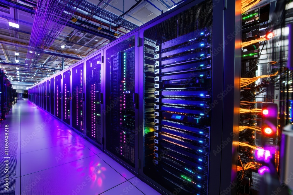 Modern Data Center with High-Tech Server Racks and Colorful Lights Modern Data Center with High-Tech Server Racks and Colorful Lights