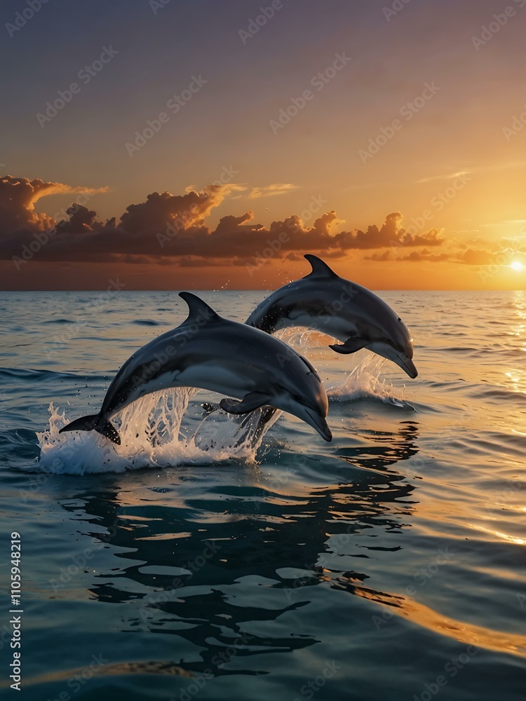 Fototapeta premium Dolphins jumping in the ocean at sunset.