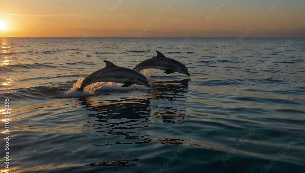 Obraz premium Dolphins swimming gracefully in the ocean at sunrise.