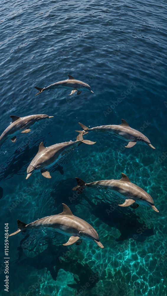 Fototapeta premium Dolphins swimming in a large pod in pristine blue water, aerial view.