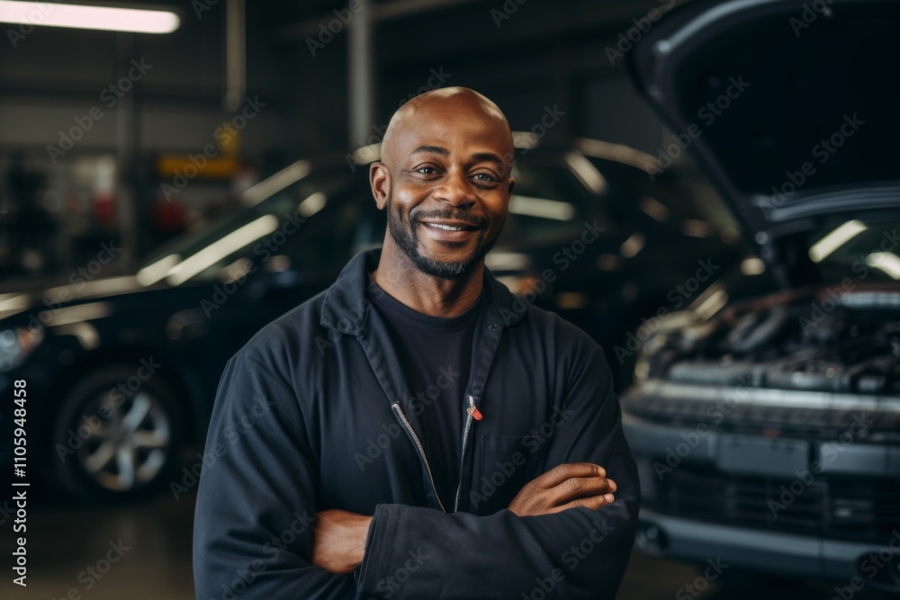 Smiling portrait of a middle aged car mechanic Smiling portrait of a middle aged car mechanic