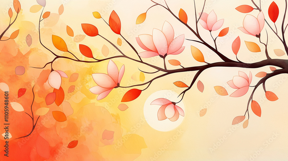 Watercolor painting of a magnolia tree glowing softly under the golden hues of a setting sun Watercolor painting of a magnolia tree glowing softly under the golden hues of a setting sun