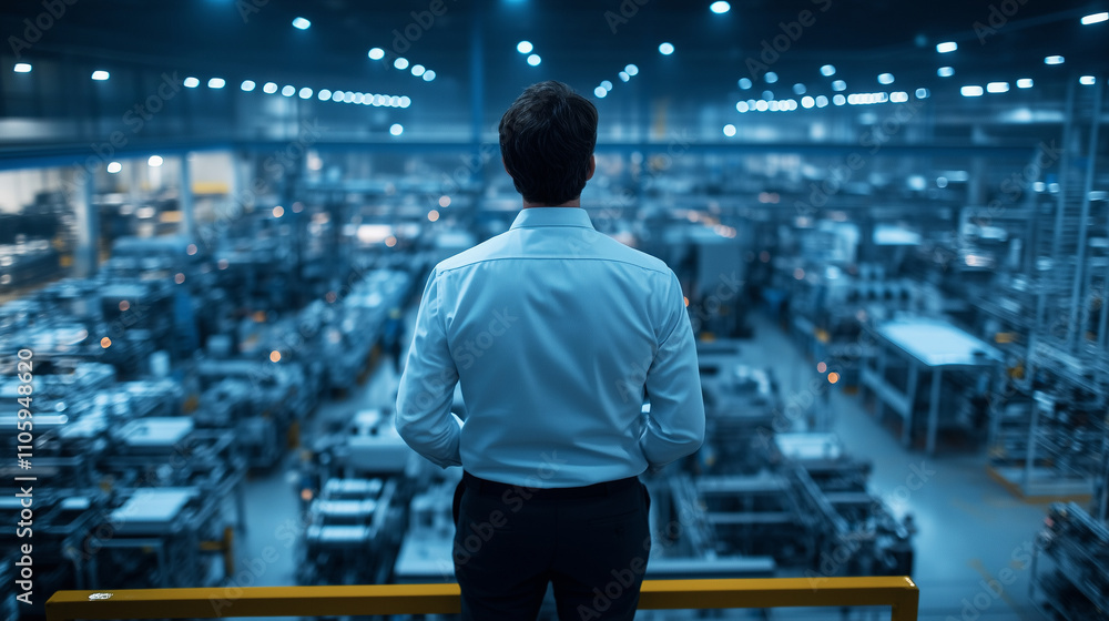 A back view of an engineer standing on a raised platform, overseeing an expansive factory floor filled with interconnected production lines and equipment A back view of an engineer standing on a raised platform, overseeing an expansive factory floor filled with interconnected production lines and equipment