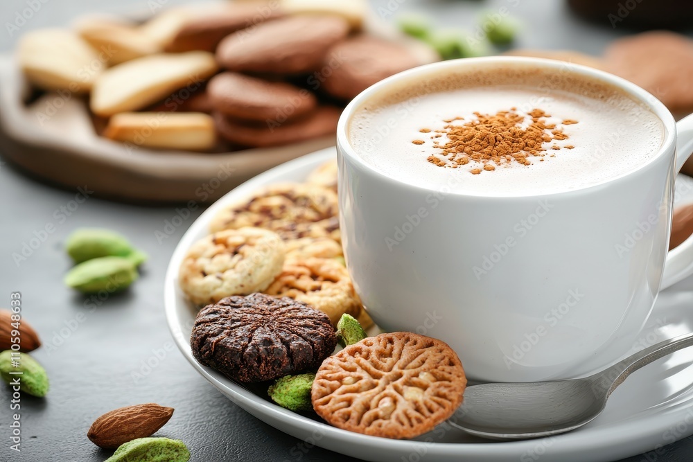 Cozy Coffee Cup with Assorted Cookies on a Light Background Cozy Coffee Cup with Assorted Cookies on a Light Background