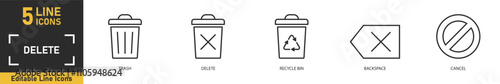 Delete line icon set. Set of 5 outline icons related to trash, delete, recycle bin, backspace, cancel and more. Vector illustration.