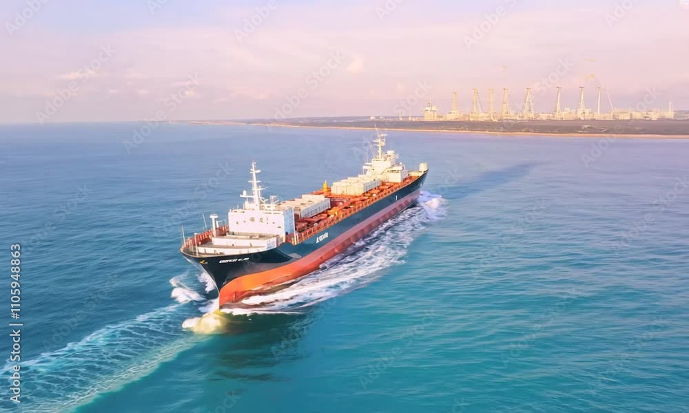 large cargo ship sailing in calm turquoise waters near an industrial port under a pastel sky, creating a peaceful and efficient maritime transportation scene large cargo ship sailing in calm turquoise waters near an industrial port under a pastel sky, creating a peaceful and efficient maritime transportation scene
