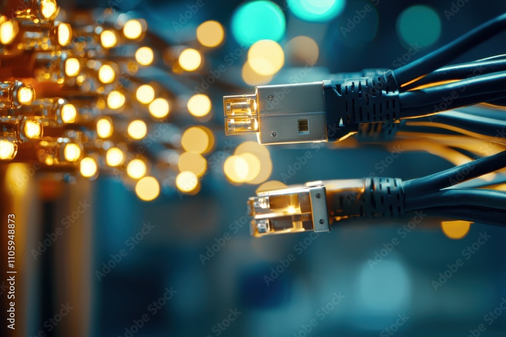 Close-Up of USB Cables with Blurred Background of Bright Lights Close-Up of USB Cables with Blurred Background of Bright Lights