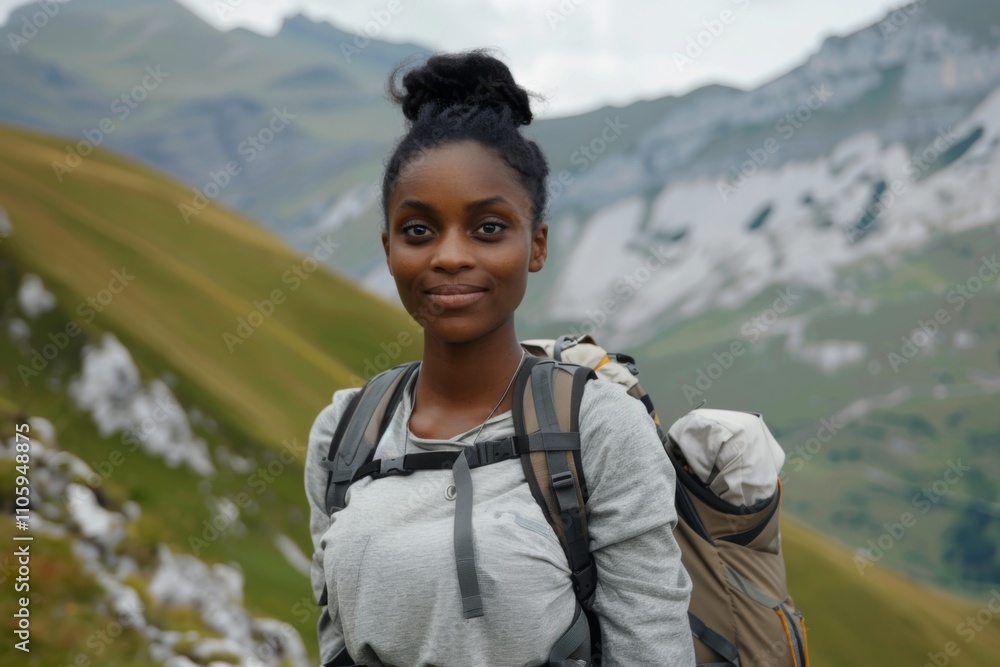 Naklejka premium Portrait of a young black woman hiking in beautiful scenery