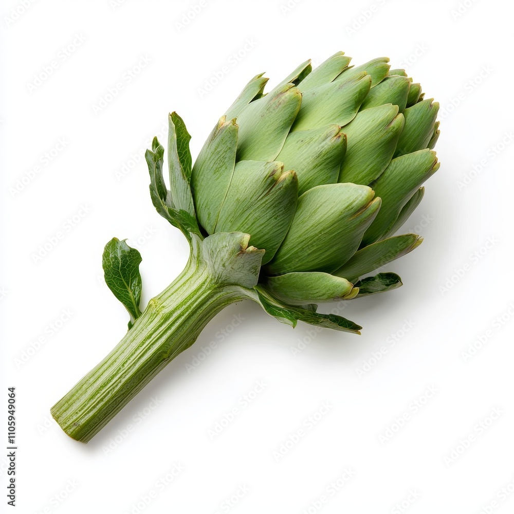 Closeup of Tightly Packed Green Artichoke with Spiky Leaves on White Background Closeup of Tightly Packed Green Artichoke with Spiky Leaves on White Background