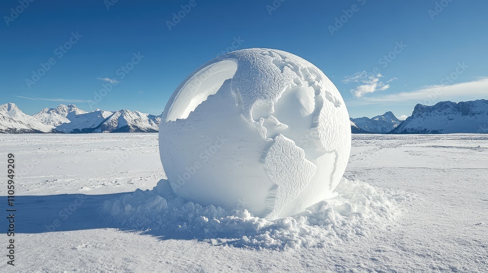 Detailed snow sculpture of a globe with continents carved, set in an open snowy field Detailed snow sculpture of a globe with continents carved, set in an open snowy field