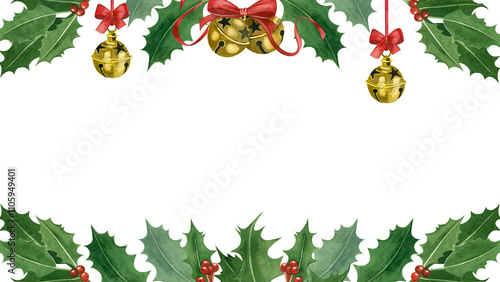 Rectangular Christmas card with green holly leaves and red berries, golden bells with red bows. Watercolor illustration. For printing on cards, invitations.