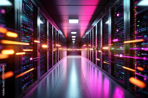 Futuristic Data Center with Neon Lights and Server Racks