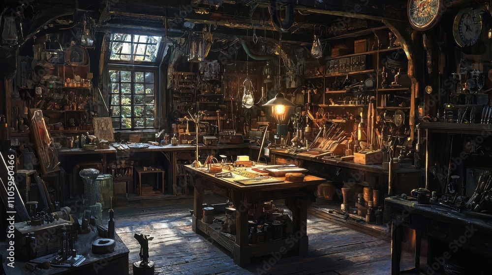 Artisan Workshop Filled with Tools and Materials in a Cozy Atmospheric Setting Artisan Workshop Filled with Tools and Materials in a Cozy Atmospheric Setting