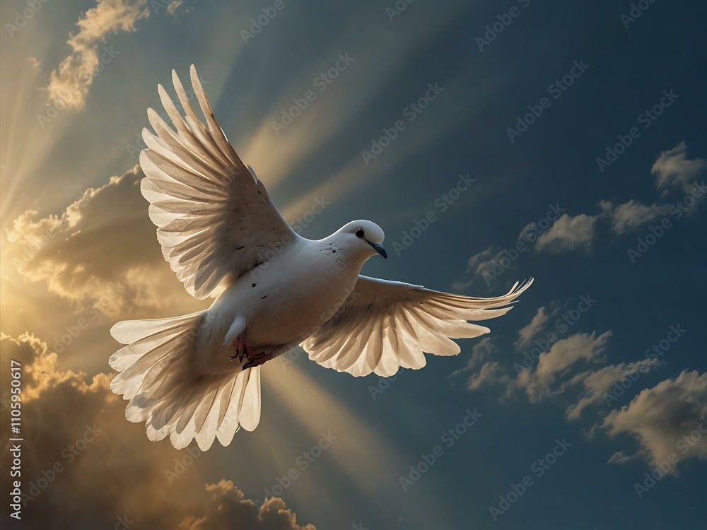 Obraz premium Dove in the sky with light shining down.