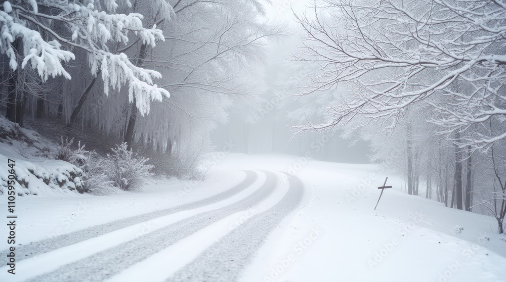 Obraz premium Winding Snowy Road Through a Frosted Winter Forest