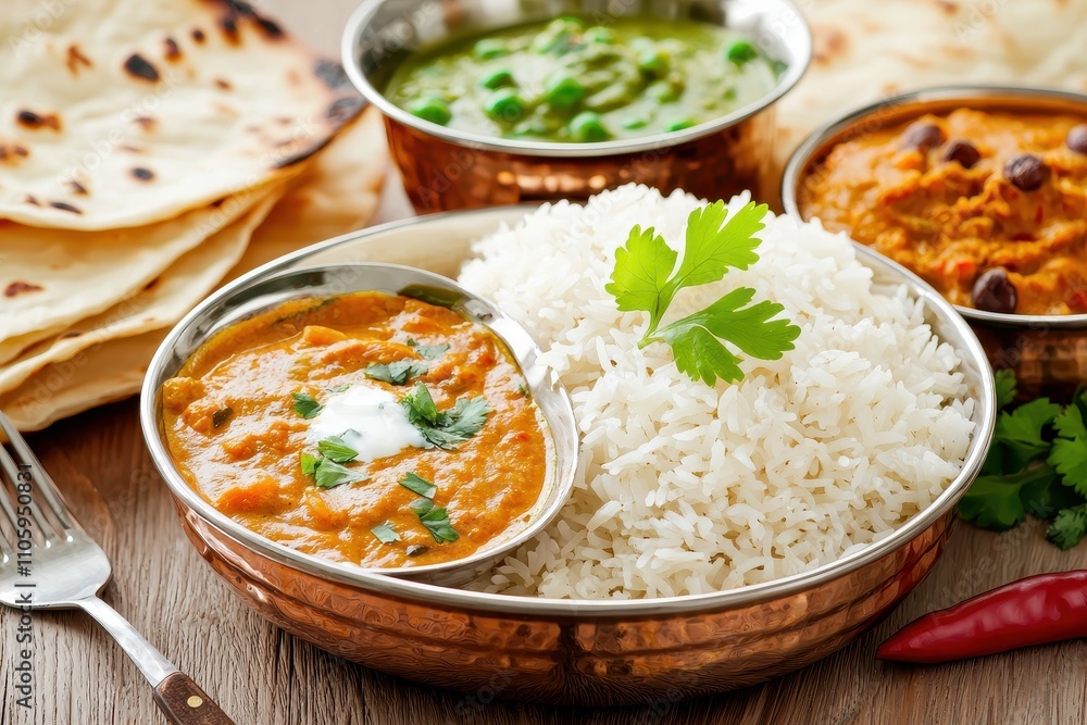Delicious Indian Cuisine with Rice and Three Flavorful Curries Delicious Indian Cuisine with Rice and Three Flavorful Curries