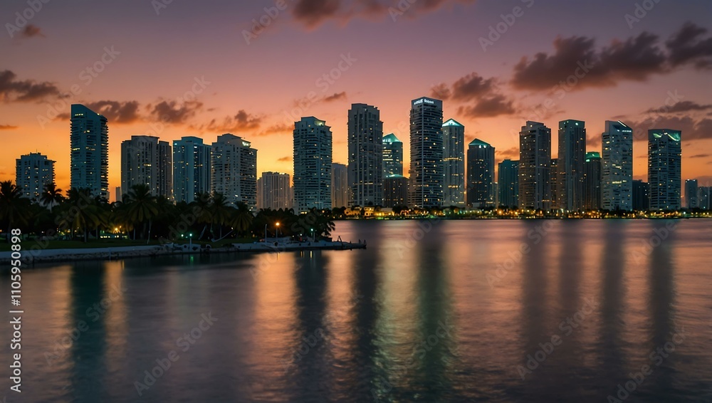 Downtown Miami buildings at sunset from Bayfront Park. Downtown Miami buildings at sunset from Bayfront Park.