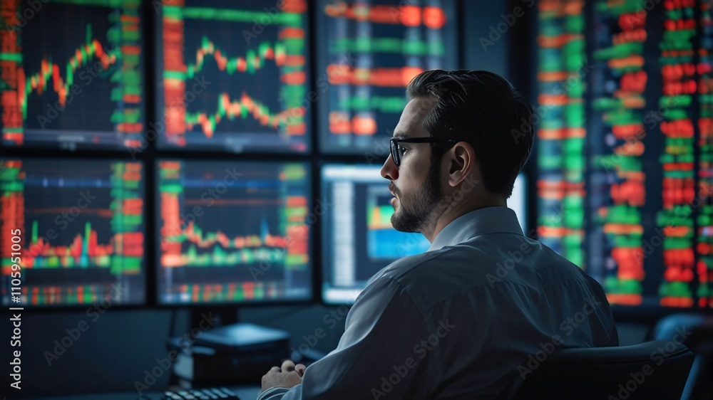 man with full of computer trading dark rooom stock market dollars background man with full of computer trading dark rooom stock market dollars background