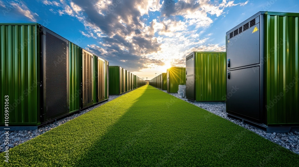 Fototapeta premium Storage Containers Aligned Under Dramatic Cloudy Sky at Sunset