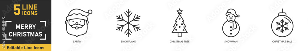 Christmas line icon set. Set of 5 outline icons related to santa, snow, christmas tree, snowman, christmas ball and more. Vector illustration. Christmas line icon set. Set of 5 outline icons related to santa, snow, christmas tree, snowman, christmas ball and more. Vector illustration.