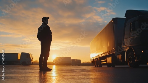Truck driver standing by his vehicle at sunrise in a transport yard
