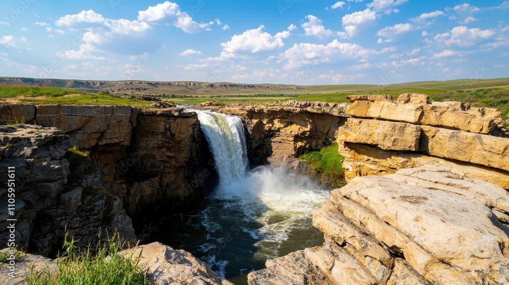Majestic Waterfall Cascading Down Rocky Cliffside Under Blue Sky Majestic Waterfall Cascading Down Rocky Cliffside Under Blue Sky