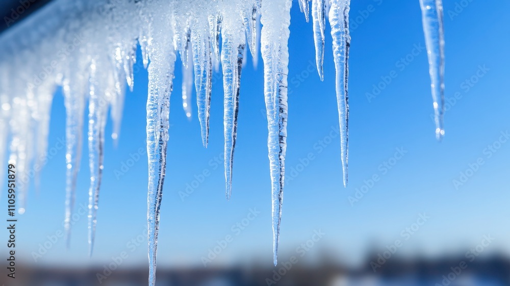 A close-up view of icicles hanging from a window, shimmering against a clear blue sky. A beautiful winter scene. A close-up view of icicles hanging from a window, shimmering against a clear blue sky. A beautiful winter scene.