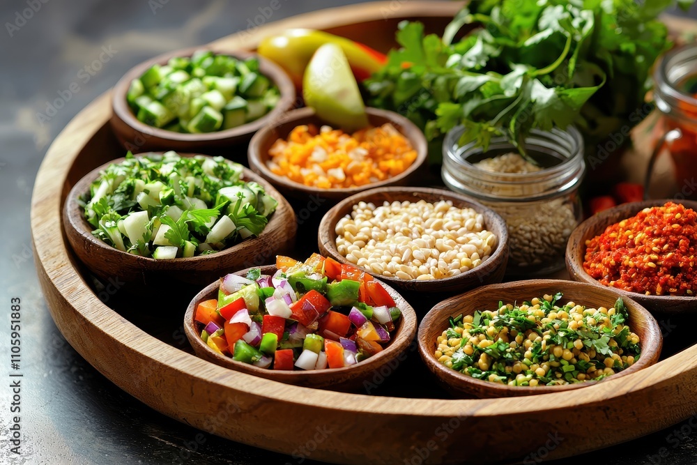 Fresh Ingredients in Wooden Bowls for Healthy Meal Preparation Fresh Ingredients in Wooden Bowls for Healthy Meal Preparation