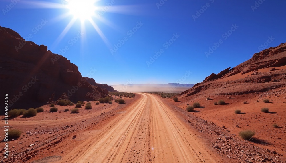 Fototapeta premium Sunlit desert road journey. Adventure, travel, freedom.